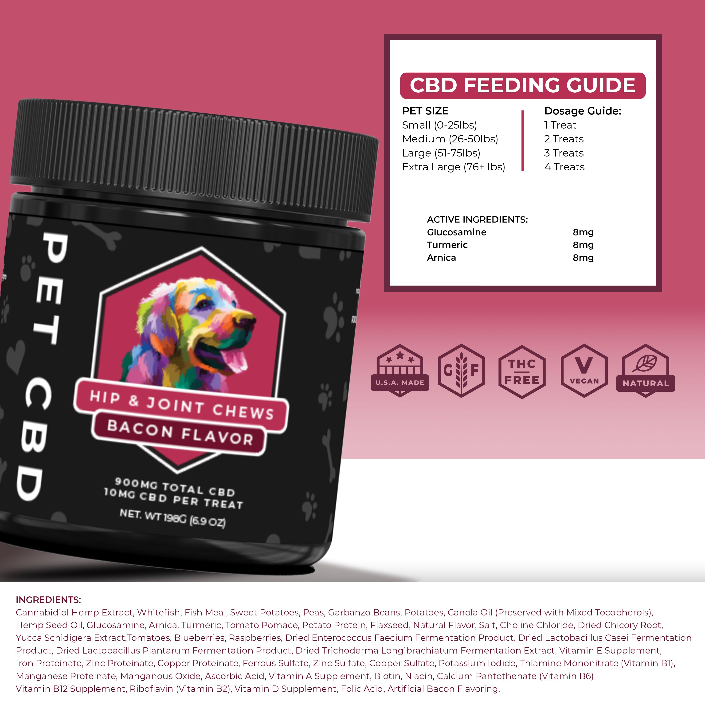 CBD - 900mg Hip & Joint Dog Chews (Bacon) - THC Free - Pet