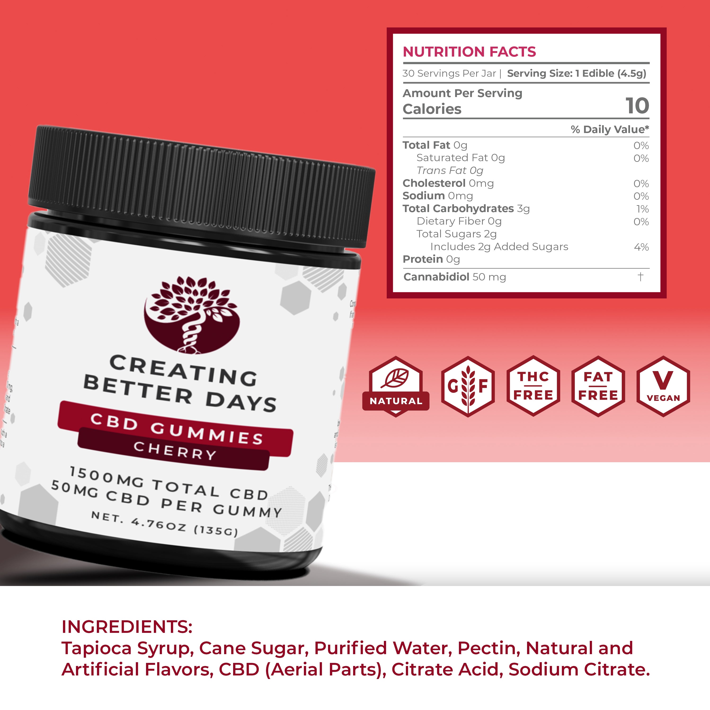 CBD Gummies - 50mg  Cherry - THC Free