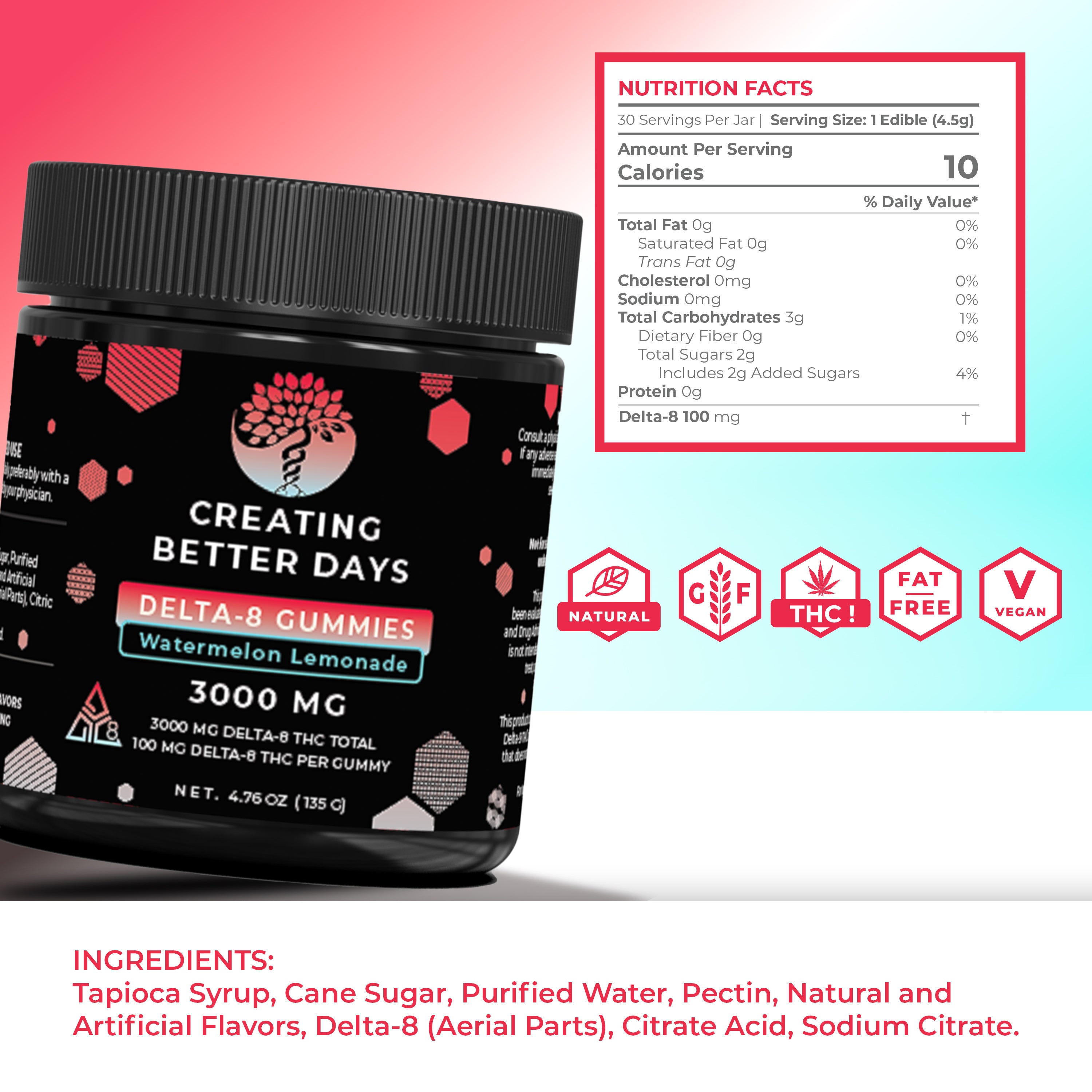 Delta 8 Gummies - 100mg Watermelon Lemonade - High Potency