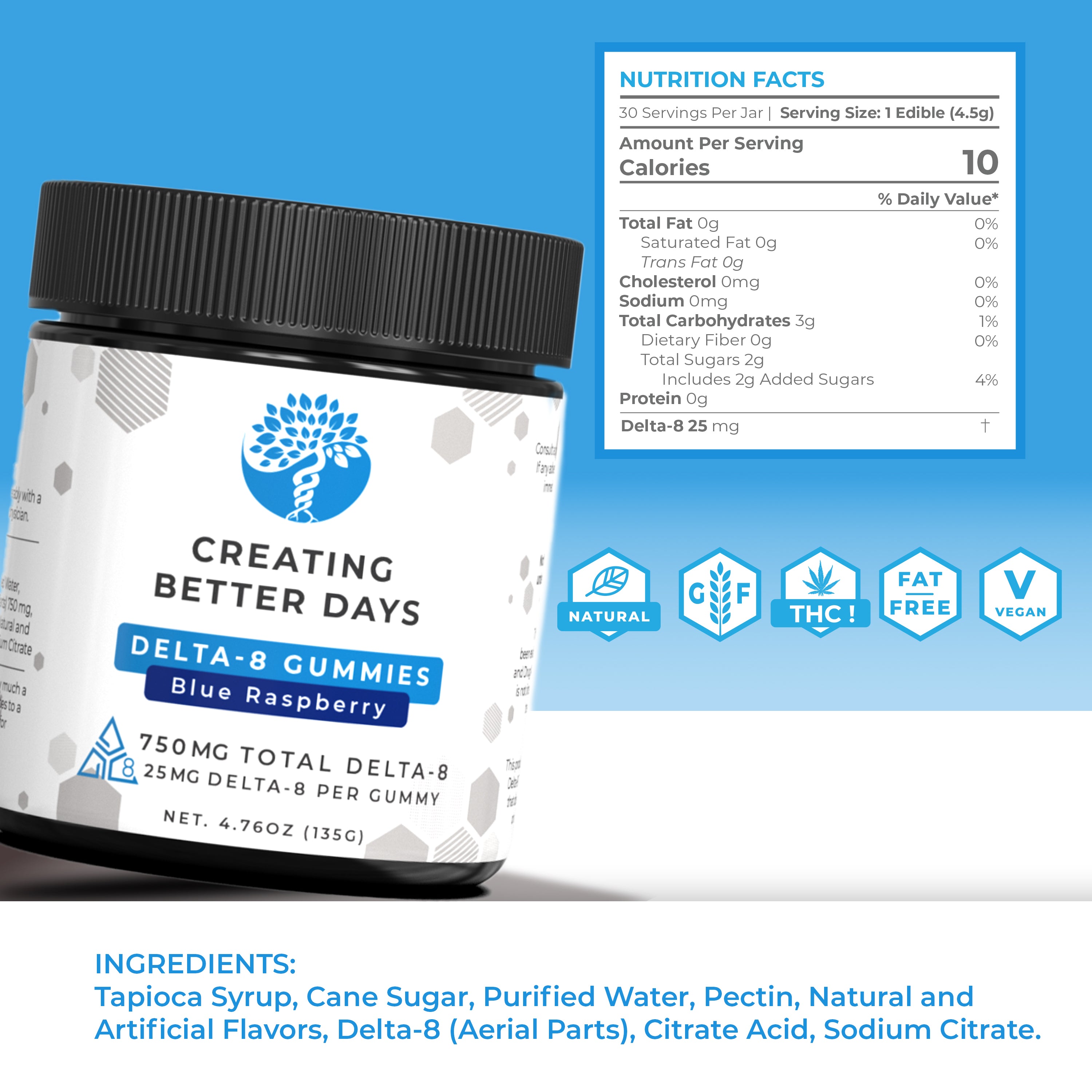 Delta 8 Gummies - 25mg Blue Raspberry - Medium Potency