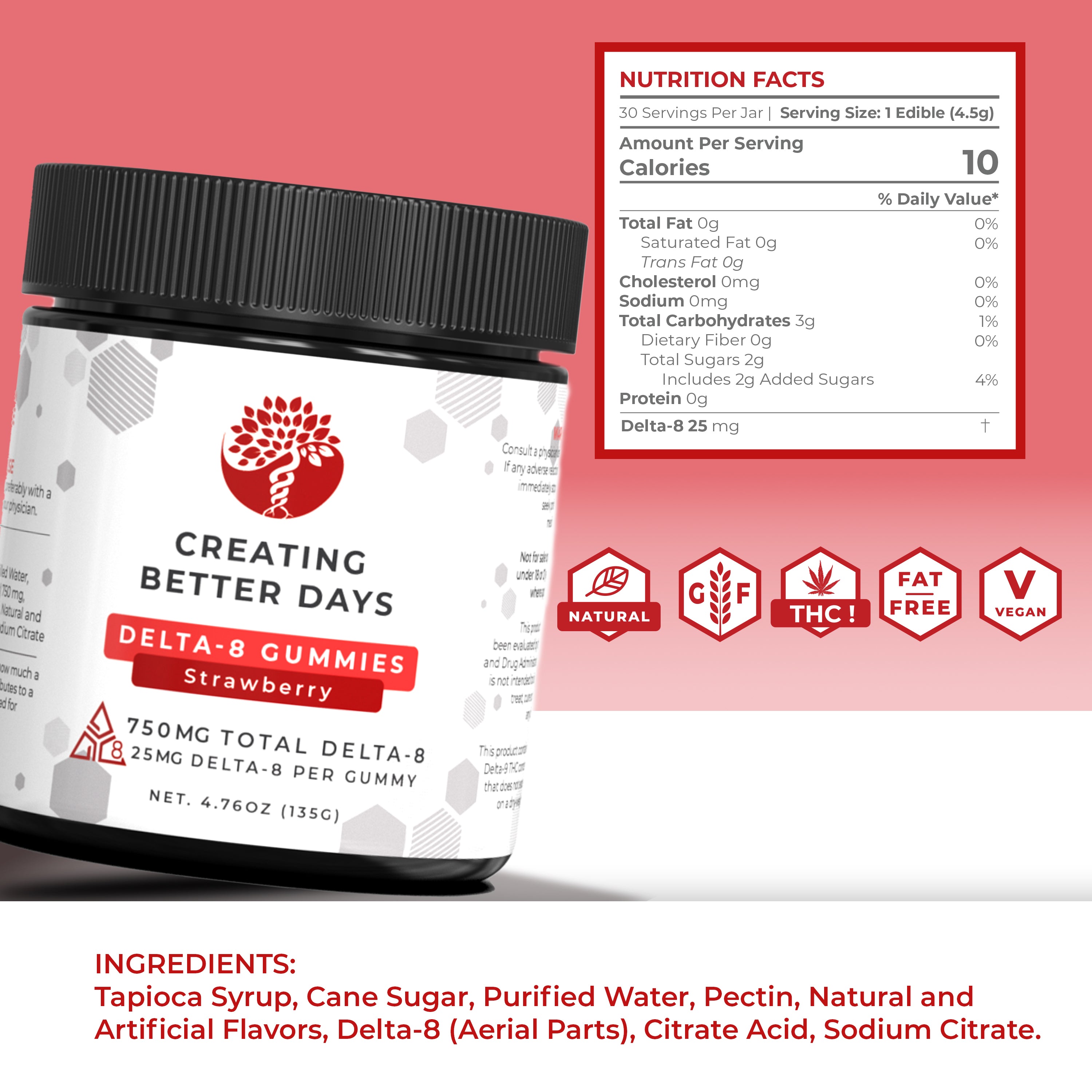 Delta 8 Gummies - 25mg Strawberry - Medium Potency