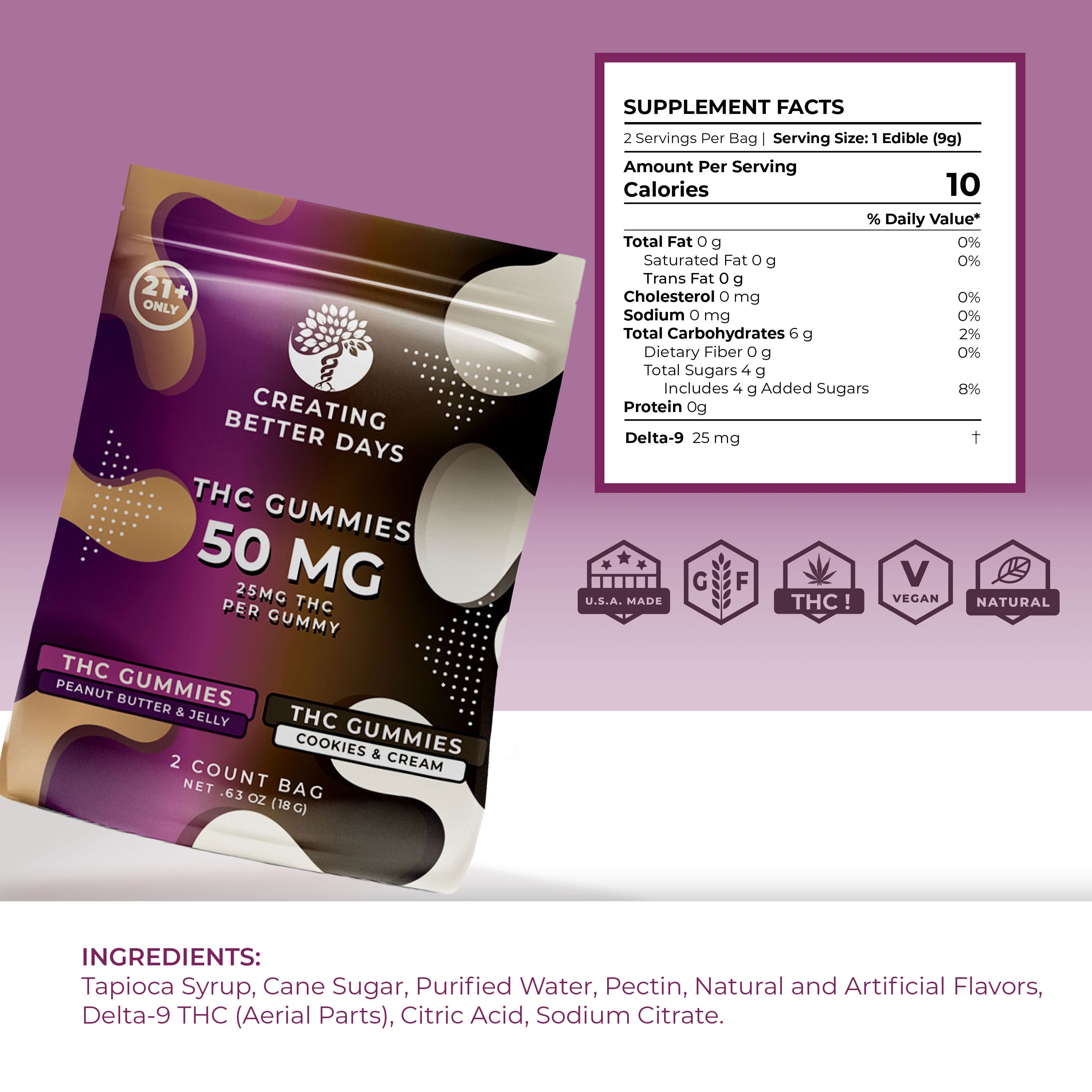 THC Gummies - 50mg 2 Count PB&J / Cookies & Cream Bag - High Potency